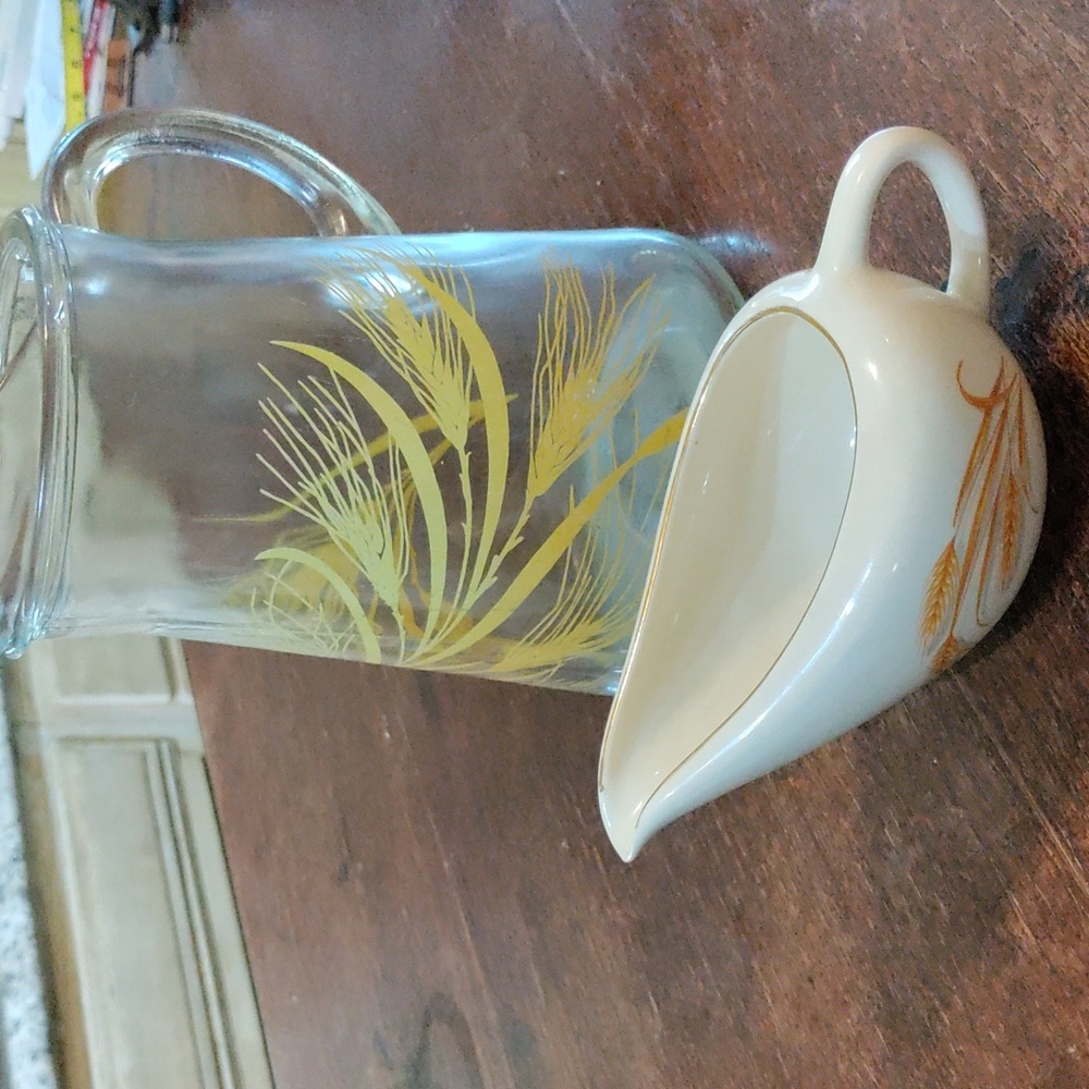 Vintage wheat pattern glass pitcher and gravy boat